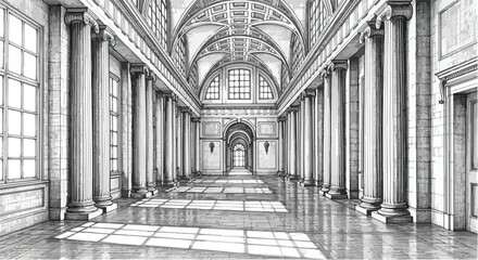 Naklejka premium Cathedral interior architecture with arches vector line art illustration.