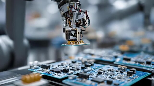 Industrial robotic arm placing components on a circuit board in automated electronics manufacturing.