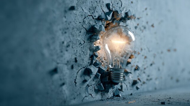 Brilliant idea breaks through concrete barrier, symbolizing innovation and breakthrough thinking for inspiring success stories.