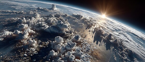 Sunrise over Earth's atmosphere, casting golden light on swirling clouds.