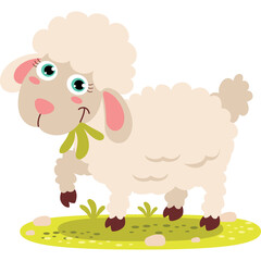 Cartoon Lamb Chewing Grass on a Patch of Greenery Against a Transparent Background
