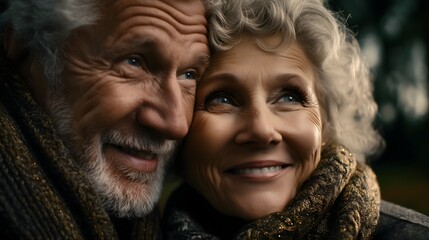 Smiling seniors strolling park sunset