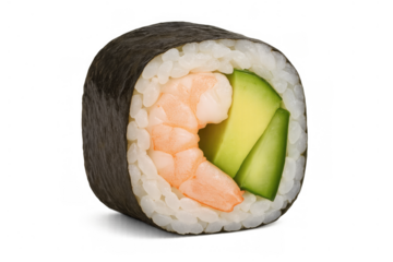 Sushi maki roll showcasing shrimp and avocado filling, a popular japanese cuisine snack, on transparent background