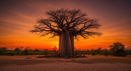 Fototapeta premium Large baobab tree in dry landscape at sunset with vibrant orange sky