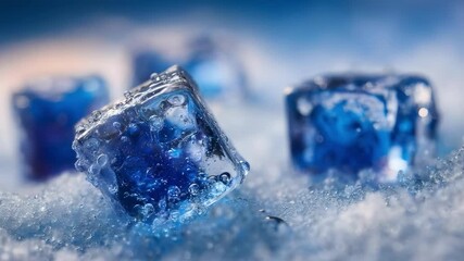Blue ice cubes melting on a frosty surface with droplets suspended in the air. - Powered by Adobe