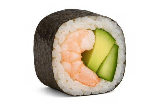 Sushi maki roll showcasing shrimp and avocado filling, a popular japanese cuisine snack, on transparent background