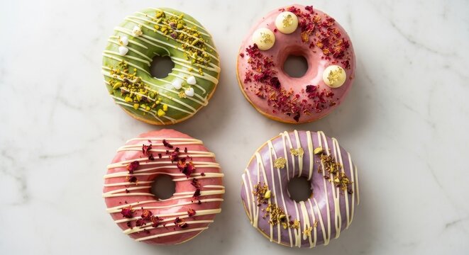 Four colorful gourmet donuts with various toppings on white marble background
