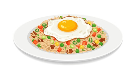 Delicious fried rice with a sunny-side-up egg and mixed vegetables, served on a white plate, a classic Asian comfort food