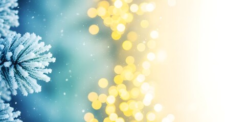 Frosty pine branch with bokeh lights for a winter holiday