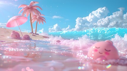 Whimsical pastel beach scene with cute character enjoying the gentle waves and sunny sky.