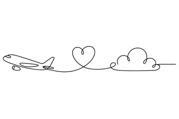 Continuous one line drawing of airplane flying with heart and cloud outline illustration
