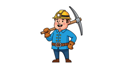Cartoon illustration of a smiling miner in a hard hat holding a pickaxe for mining and work
