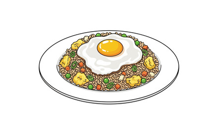 Illustration of a delicious plate of homemade fried rice topped with a sunny-side-up egg, a classic Asian comfort food dish