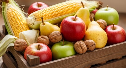 Fruits, corn, and nuts in rustic wooden crate symbolizing harvest and natural abundance