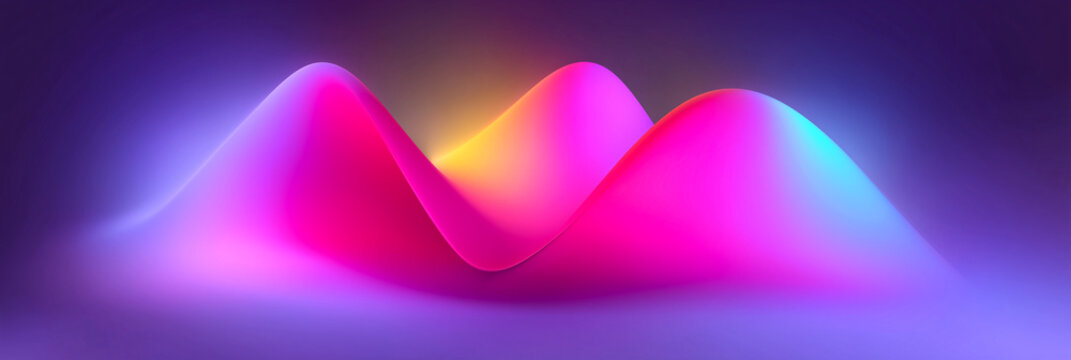 Abstract 3D waves with neon gradients in pink, purple, blue, and yellow. Smooth peaks and soft lighting on a dark background. Ideal for tech, design, and digital art themes.