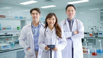 Medicine and healthcare concept : Group of happy and cheerful asian doctors Line up, Male and Female are smiling in LAB.