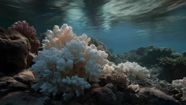 Underwater coral reef featuring white branching corals growing on rocks.