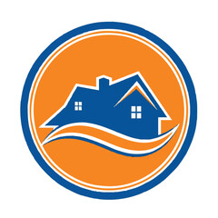 A modern and minimalist vector illustration of a house logo, set against a vibrant orange circle with a blue border, symbolizing home and security.