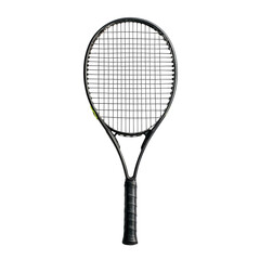 Sleek black tennis racquet with a graphite frame, a textured grip, and subtle lime green accents