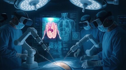 Advanced robotic surgery scene with mechanical arms operating on a human heart in a high-tech digital medical room, representing innovation in healthcare technology - Powered by Adobe