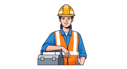Professional Female Construction Worker in Safety Gear with Toolbox Illustration