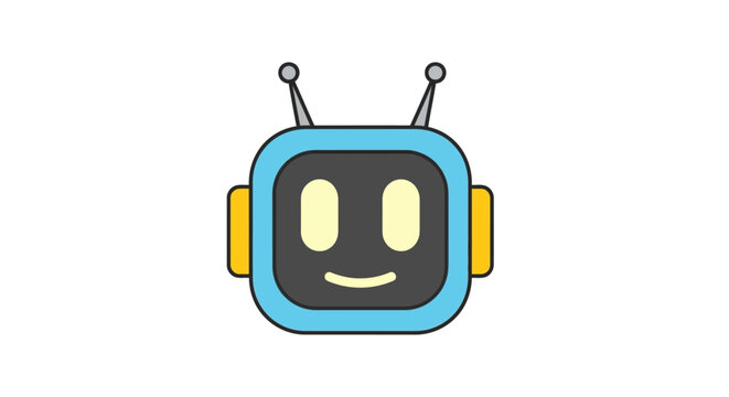 Cute blue robot head with a friendly smile. AI chatbot mascot character icon in a flat vector design isolated on a white background for technology