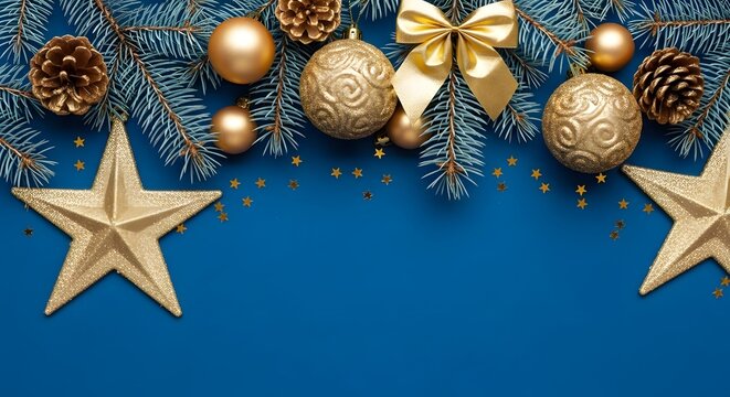 Golden christmas ornaments and stars on a blue background
