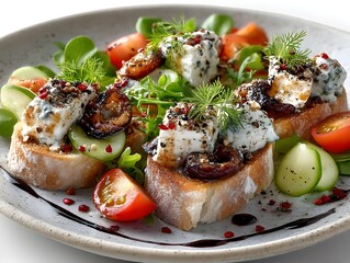 Deliciously prepared bruschetta with fresh vegetables and creamy cheese topping, a gourmet appetizer.