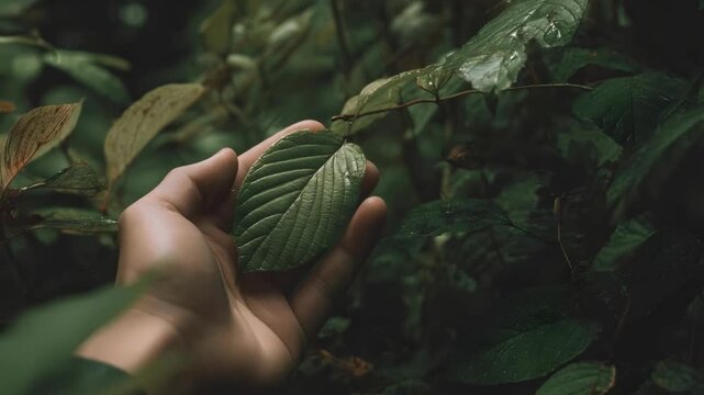A hand gently holds a single ribbed leaf among dense, dark green foliage.