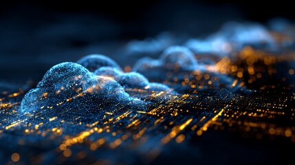 Dynamic digital cloudscape with glowing particles representing data flow and innovation