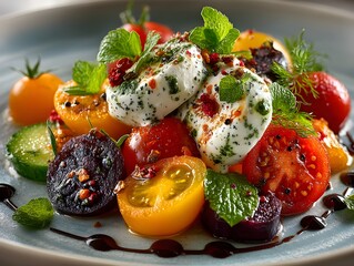 Vibrant and fresh caprese salad with colorful tomatoes and creamy mozzarella, garnished with herbs.