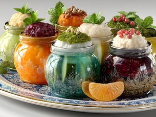 Assortment of colorful, gourmet desserts in small glass jars, beautifully garnished with herbs and fruits.