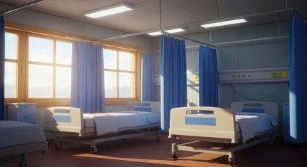 Inside view of an empty hospital room with beds and window light