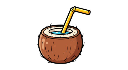 Refreshing Tropical Coconut Drink Illustration with Straw, a Symbol of Summer Vacation and Exotic Beverages © Avra