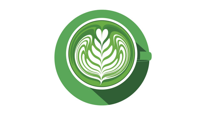 A flat design icon of a freshly whisked matcha green tea latte in a cup, showcasing beautiful foam art from an overhead view