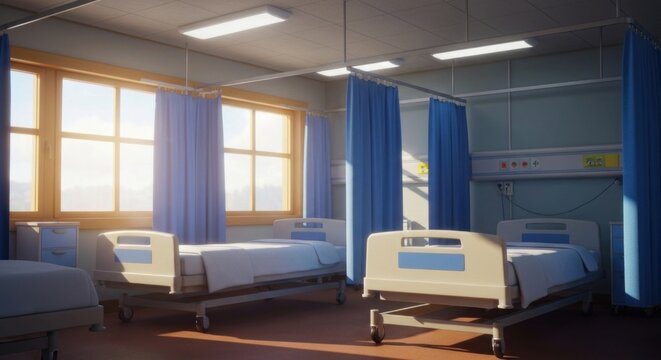 Inside view of an empty hospital room with beds and window light - Powered by Adobe