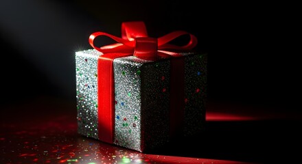 A sparkling gift box with red ribbon on a dark background