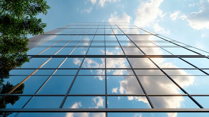 Obraz premium Modern glass building reflecting blue sky and clouds, showcasing architectural beauty and nature