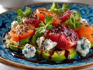 Vibrant citrus and avocado salad with creamy cheese, artfully arranged on a decorative plate.