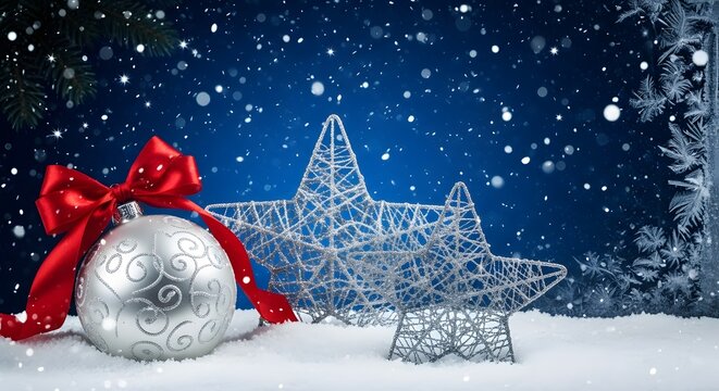 Christmas ornament with red bow and star on a snowy background