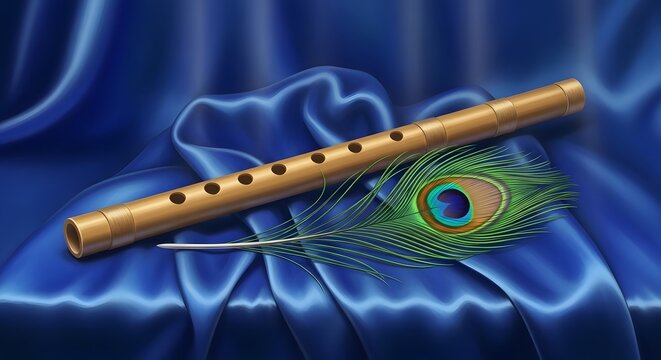 Khrisna Flute on Blue Silk, made by Ai - Powered by Adobe