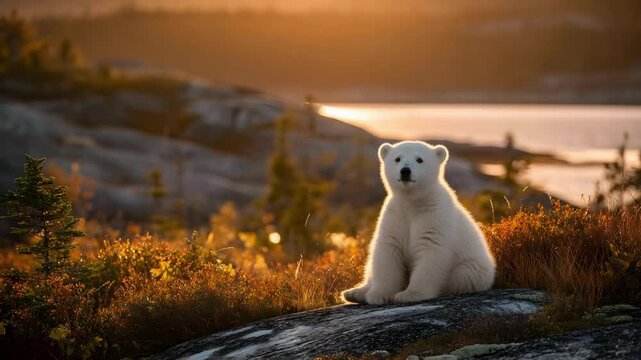 A fluffy white polar bear cub sits on a rocky ledge at sunset, with golden tundra, small trees, and a distant lake in the background.