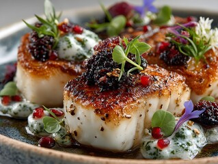 Gourmet seared scallops with caviar and microgreens, a luxurious seafood appetizer