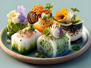 Artistic and delicate gourmet desserts adorned with edible flowers and vibrant garnishes on a ceramic plate.