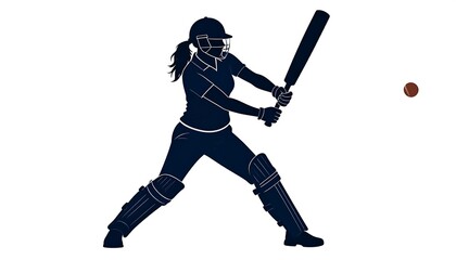 Silhouette of a female cricket player in batting stance with a ball. Dark blue on a white background