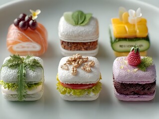 Artfully crafted miniature desserts and savory bites arranged elegantly on a plate.