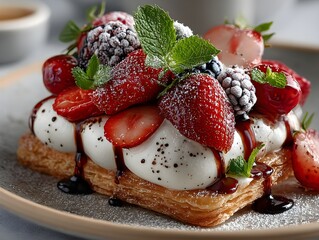 Delicious puff pastry dessert topped with fresh berries and whipped cream, drizzled with chocolate sauce.