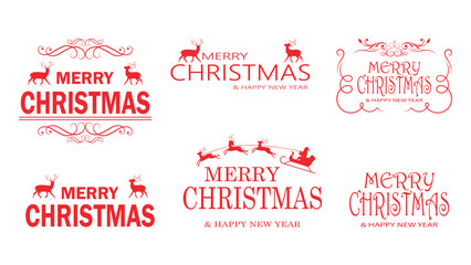 Merry Christmas and Happy New Year typography set with reindeer and sleigh isolated on white background