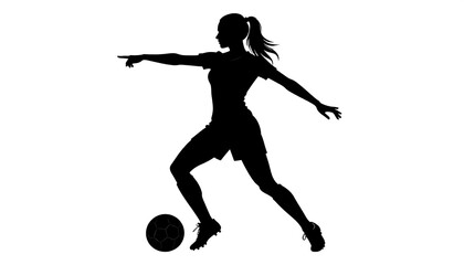 Silhouette of a female soccer player, dribbling a ball, pointing left with hair in a ponytail
