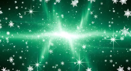 Abstract green background with sparkling snowflakes and light burst